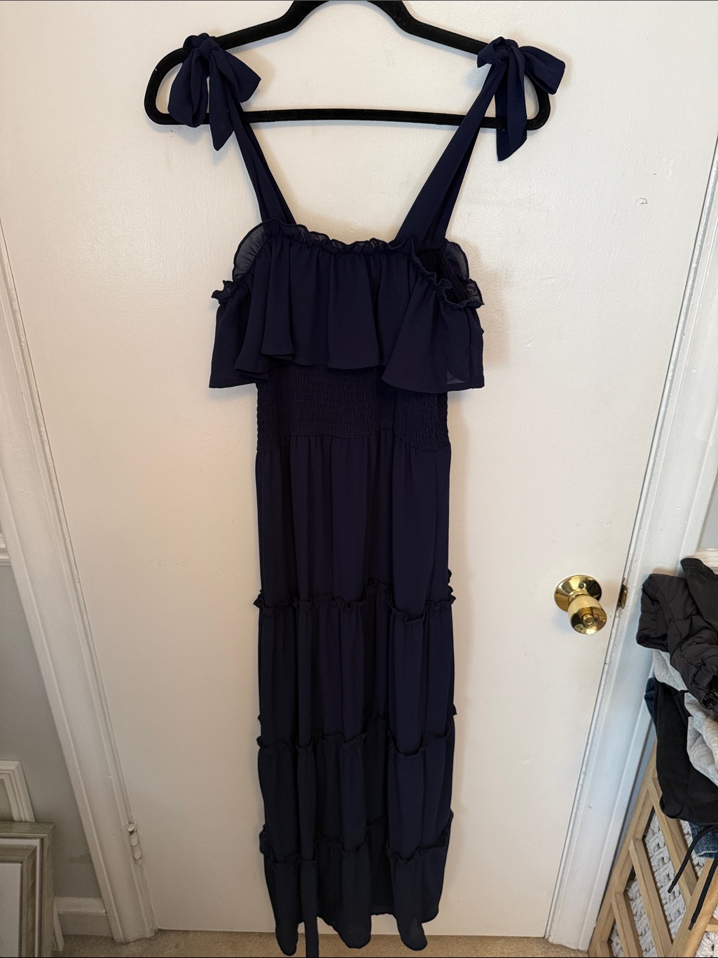 Tie-Shoulder Navy Ruffle Maxi Dress